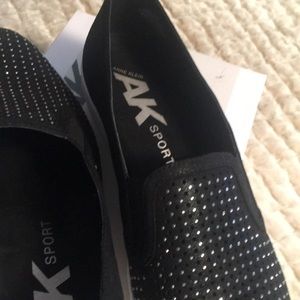 A K Sport shoes, black fabric with stones